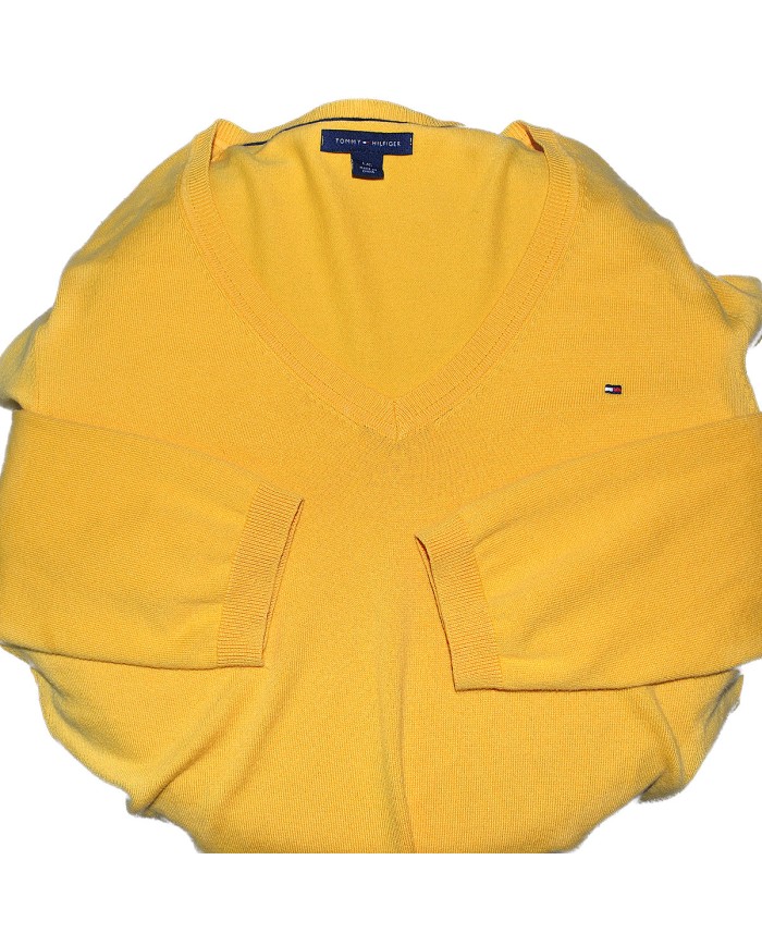 Tommy Hilfiger sweater v-neck embroidered logo yellow L
